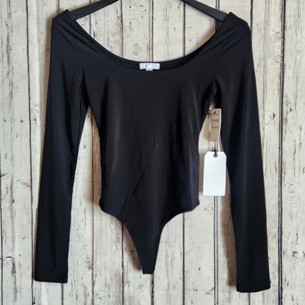 ​Leith NWT Black Double Scoop Long Sleeve Bodysuit XS Y2K Minimalist Chic